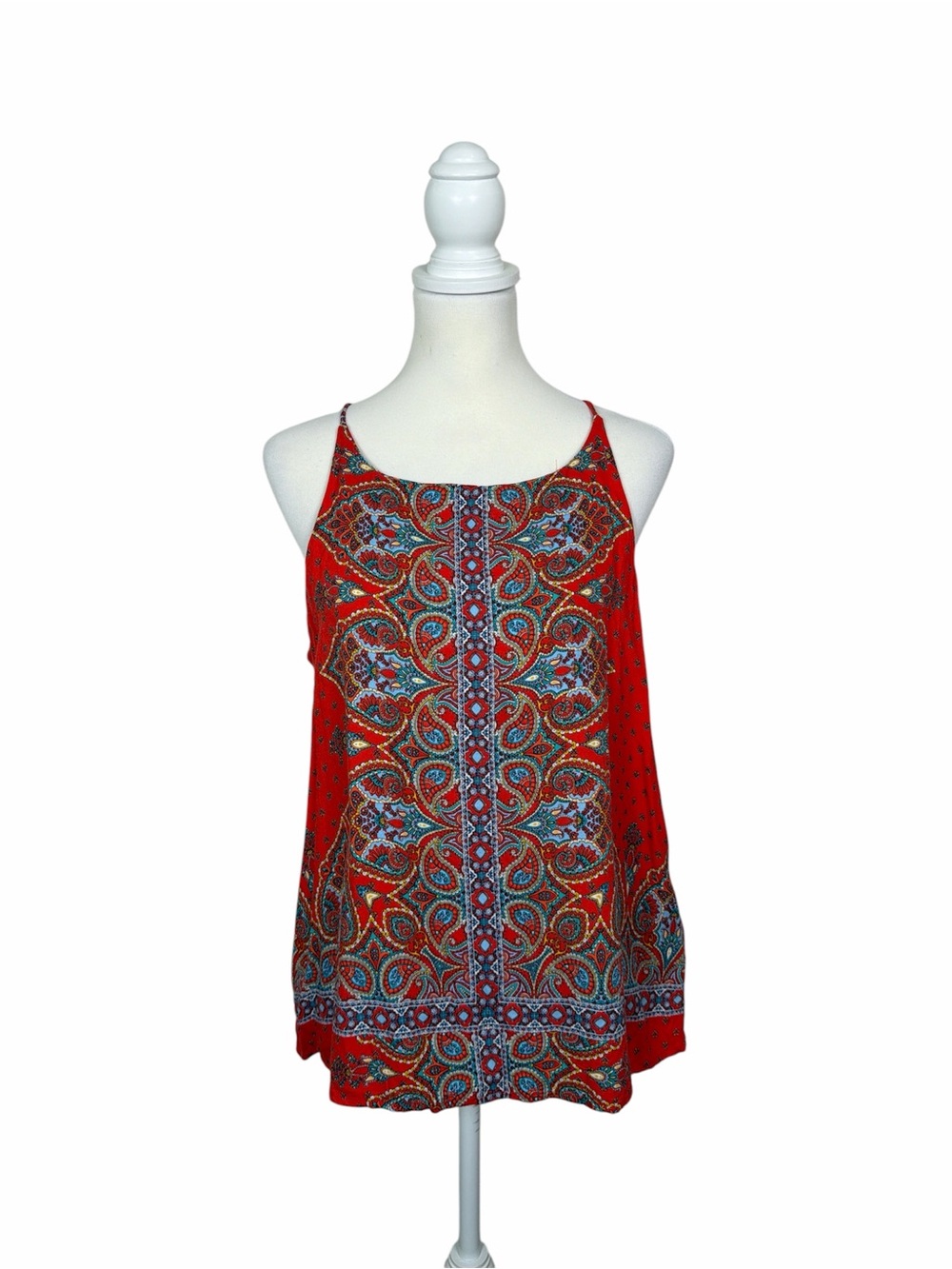VERSE Red Paisley Tank Top Size LRG Boho Sleeveless Rayon Festival Summer Blouse